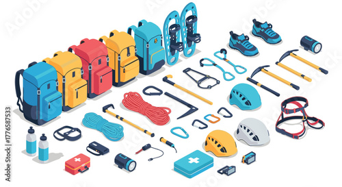 Isometric outdoor gear collection for hiking and climbing adventures