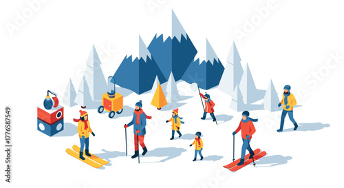 Winter activities isometric design with skiing family in snowy mountain landscape