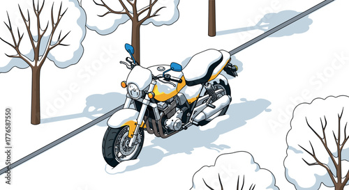 Isometric motorcycle in snowy winter landscape with trees