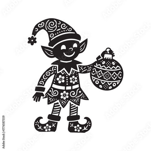  Whimsical Christmas Elf Papercut Silhouette with Intricate Patterns and Festive Ornament Design. 