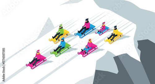 Colorful winter fun sledding on the slopes in geometric 3d style