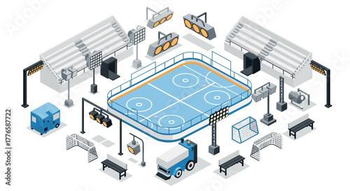 Isometric outdoor sports arena with equipment and stands
