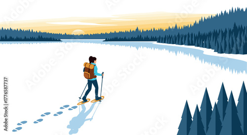 Winter adventure snowshoeing at sunset through serene snowy landscape