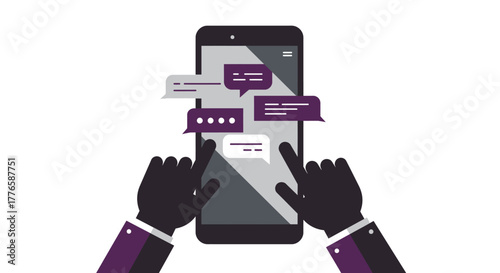 Smartphone with Chat Bubbles and Users Hands.