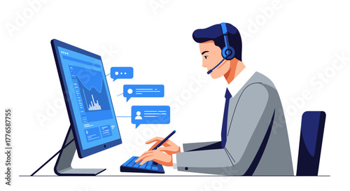 Customer Service Representative Working with Computer and Headset.