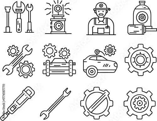 engineering tools icons, industrial maintenance set, mechanical repair symbols, factory and automotive service illustration