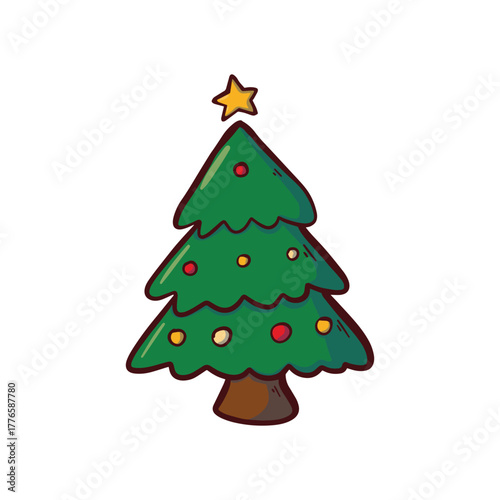 A cartoon illustration of a green Christmas tree with ornaments and a star on top.