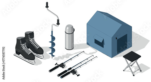 Isometric ice fishing gear set with tent and tools for winter sport enthusiasts