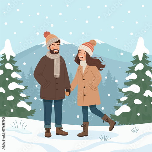 Happy Couple Enjoying a Snowy Winter Day Together. Illusration Concept to celebrate snow fall winter season or christmas for a couple