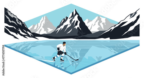 Hockey player in mountainous winter landscape with ice reflection