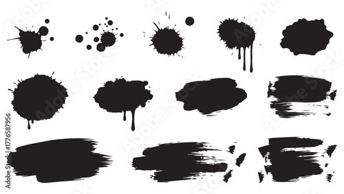 Abstract black ink splatters and brush strokes on white background set