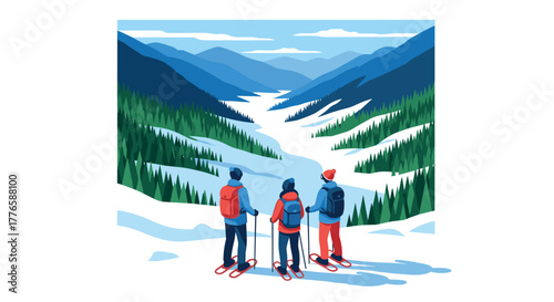 Scenic winter adventure with skiers overlooking snowy mountain valley