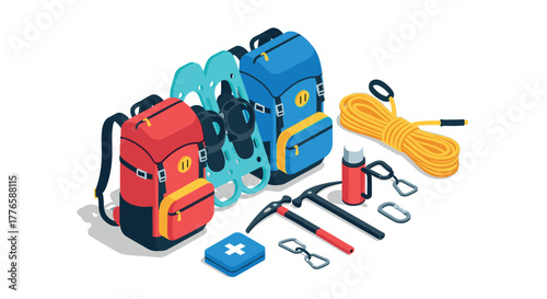 Isometric mountaineering gear with backpacks, crampons, and climbing tools