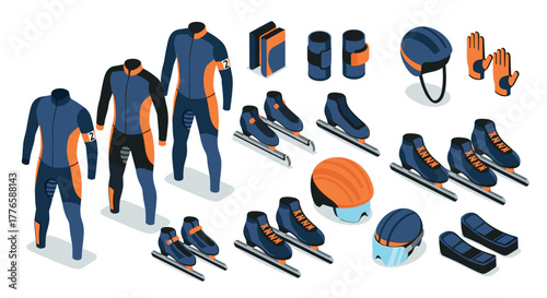 Isometric speed skating gear set with skates, helmets, and suits
