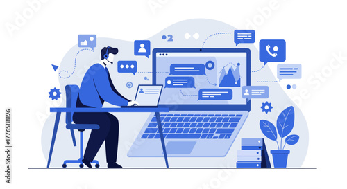 Customer Service Representative Working on Laptop with Headset.