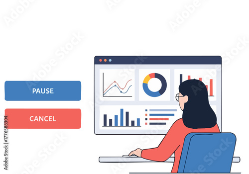 A professional woman analyzes data on a computer screen. Charts and graphs display key insights. Pause, cancel buttons are visible. Modern, clean design.