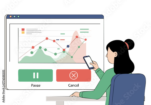 A professional woman analyzes data on a screen, using a smartphone. The graphic displays a trend line with pauses and cancellations. Modern, digital workspace.