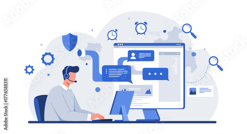 Customer Service Representative Working on Computer with Headset.