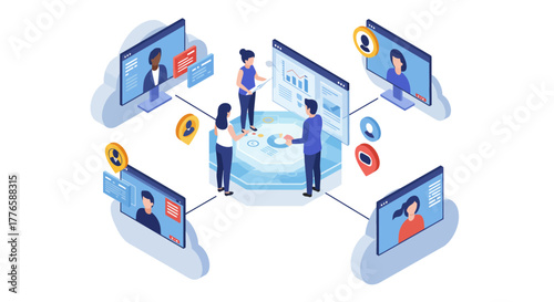 Isometric Illustration of Online Team Collaboration and Meetings.