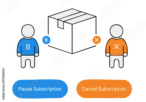 Two figures represent subscription control ? pause and cancel options. A cardboard box sits between them, illustrating subscription management. Clean, modern illustration.