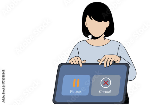 A young woman pauses a media playback on a tablet. She gestures with her hand, displaying pause, cancel, and settings options. Clean, modern illustration.