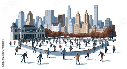 City ice rink scene with people skating in urban park during autumn day