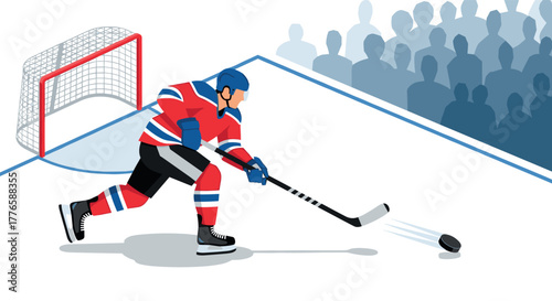 Ice hockey player in action on the rink with crowd watching