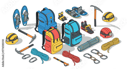 Isometric hiking and climbing gear set colorful backpacks, helmets, ice axes, snowshoes, and ropes for outdoor adventures