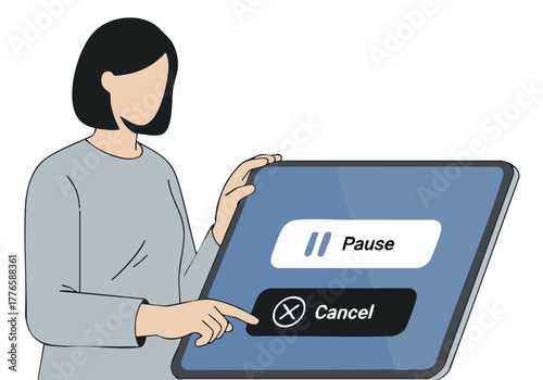 A woman pauses setup on a tablet, with pause and cancel buttons displayed. Clean, modern illustration. Suitable for tech, digital, and user interface concepts.