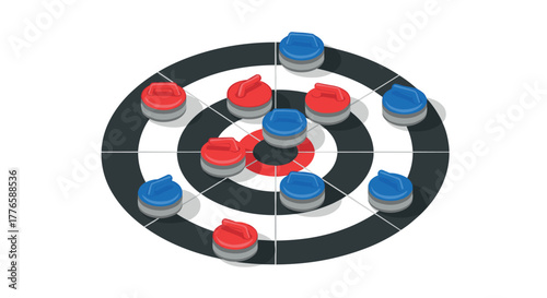 Curling stones on target in isometric style with red and blue team colors