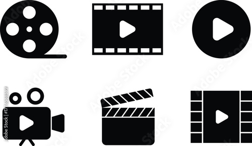 Collection of six black and white cinematic icons representing filmmaking and video playback including a film reel play buttons a vintage camera and a clapperboard