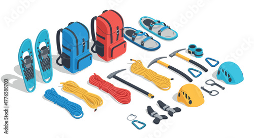 Isometric winter hiking equipment collection for adventurers and backpackers