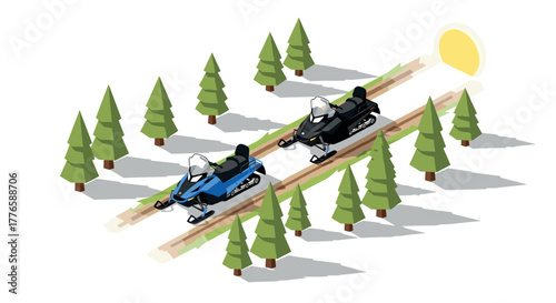 Snowmobiles riding through pine forest in isometric winter scene