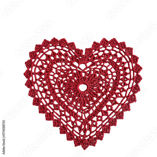 Intricate red heart lace doily festive romantic decorative element for celebrations and gifts isolated on transparent background