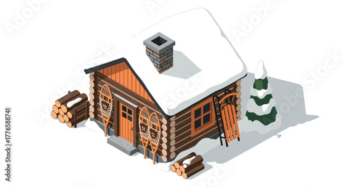 Cozy winter cabin with snowshoes and logs in isometric design