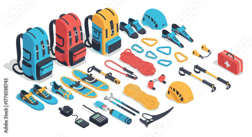 Essential hiking and climbing gear in isometric style for outdoor adventures