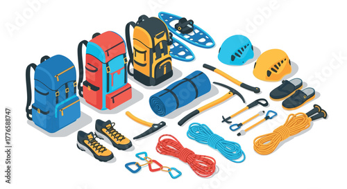 Isometric camping and hiking gear collection with backpacks, helmets, and equipment