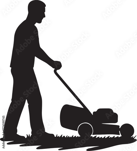 Man Mowing the Lawn with a Lawn Mower Gardener at Work