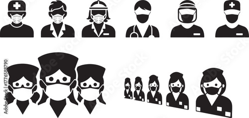 Collection of medical staff icons wearing masks and protective gear