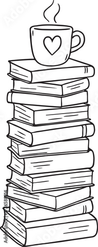 Tall Stack of Books with coffee line art.