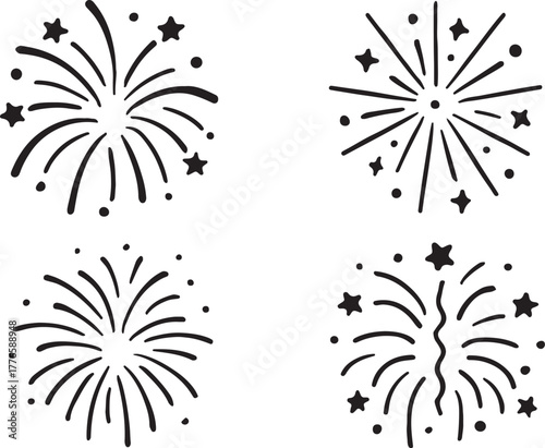 vector line set of 4 decorative fireworks illustration