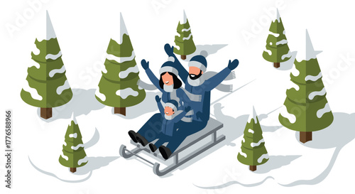 Family enjoying winter sledding in snowy pine tree forest scene