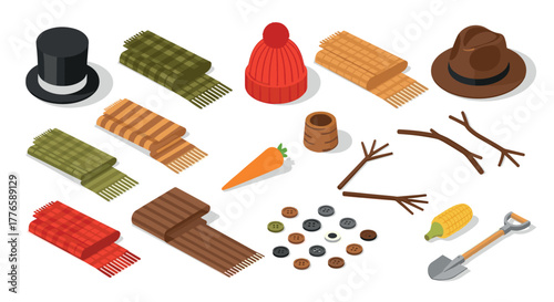 Winter accessories and snowman components in isometric design