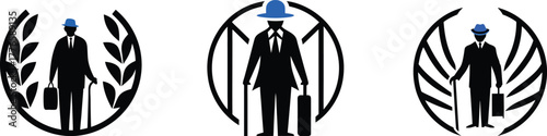Silhouettes of men in suits with hats and briefcases