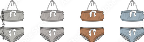 A collection of women's two-piece bandeau bikini sets in various colorways. Fashion technical flat sketch illustration for summer swimwear and apparel design