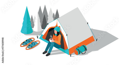 Winter camping adventure with snowshoes and hot drink in vibrant isometric style