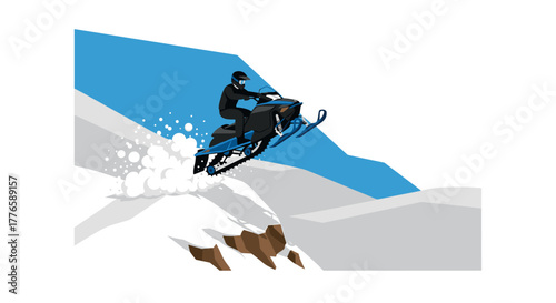 Snowmobile adventure dynamic flat style illustration of a snow rider