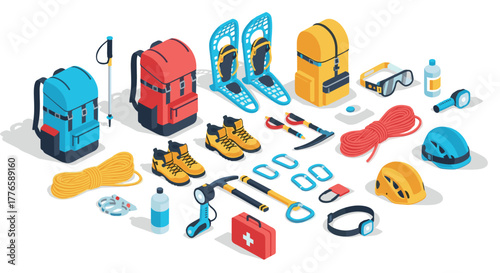 Essential isometric outdoor adventure gear for hiking, trekking, and mountaineering