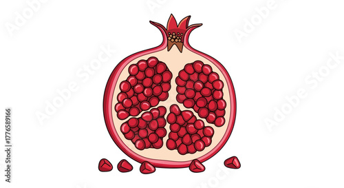 Juicy Pomegranate Half with Seeds Scattered Around.