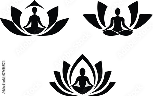 Three yoga lotus icons isolated on white background